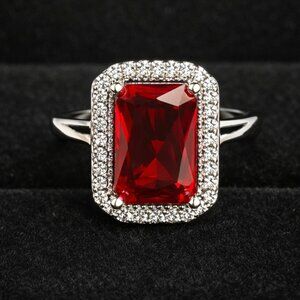 Italo Jewelry Ruby Halo Ring Size 7 Sterling Silver Emerald Cut Red Stone